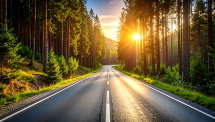 Obraz premium Scenic Road Through Pine Forest at Sunset