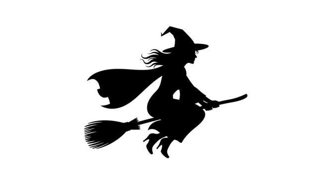 A silhouette of a witch wearing a hat and cape flying on a broomstick against a white background space - Powered by Adobe