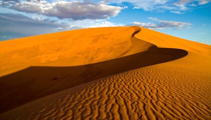 A dramatic sand dune with rich orange hues, dramatic shadows, and a vibrant blue sky.