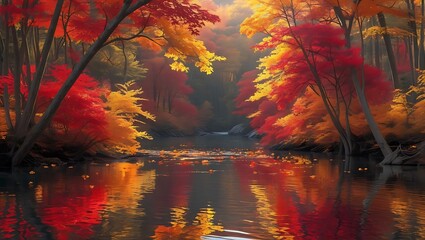 Vibrant autumn forest reflected in a serene lake