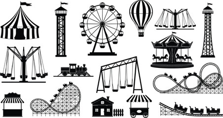 Amusement park silhouette icons set, carnival rides, roller coaster, Ferris wheel, carousel, swing, fairground attractions, vector illustration collection.