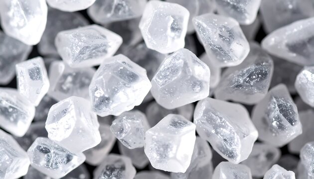 Close-up view of numerous translucent white sugar crystals.