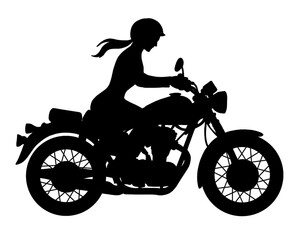 Fototapeta premium Silhouette of woman riding a motorbike, icon isolated on white background 