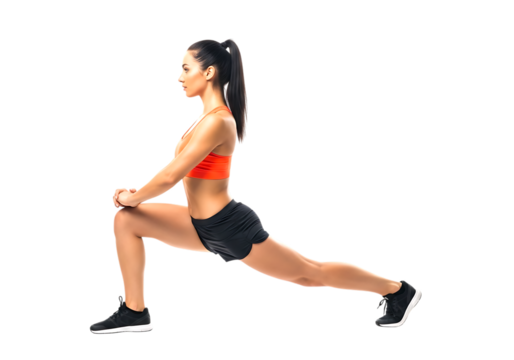 Fit woman performing a lunging stretch isolated on transparent background