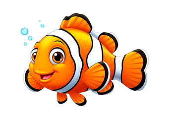 Cute cartoon clownfish swimming with bubbles isolated on transparent background