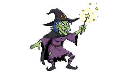 A cartoon drawing of a green witch with a wand and stars on a white background for halloween theme art