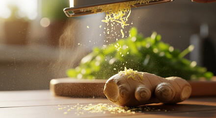Aromatic Ginger Mist Rising During Fine Grating Process