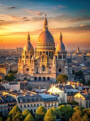 Naklejka premium Panoramic view of the Basilica of the Sacred Heart of Paris at sunset