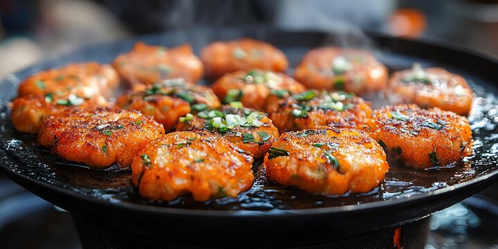 Fresh Spicy Fish Cakes Cooking on Hot Pan with Green Onion Garnish