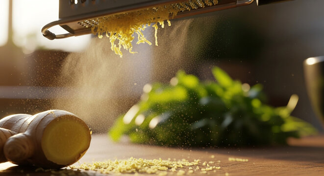 Close-Up of Ginger Grating with Mist and Warm Rustic Light - Powered by Adobe