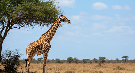 Obraz premium Giraffe gracefully feeding under acacia tree in African savanna.