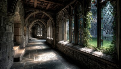 Fototapeta premium Sunlit stone cloister with arched ceiling, stained glass windows, and ivy