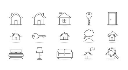 A collection of simple line drawings depicting houses keys furniture and real estate related concepts