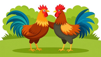 Fototapeta premium Two friendly roosters in a grassy field