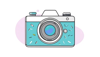 Cute teal camera illustration with decorative details.