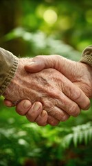 Close-up of two elderly hands shaking in a forest