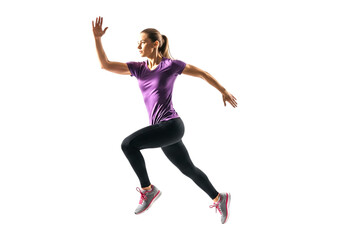 Athletic woman running fast isolated on transparent background