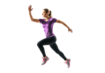 Athletic woman running fast isolated on transparent background