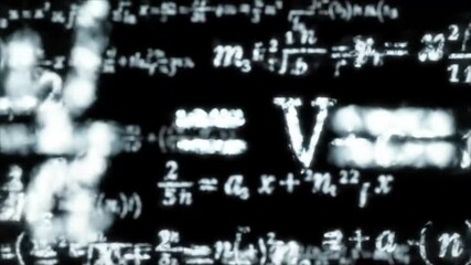 A complex array of advanced mathematical formulas and scientific equations handwritten in a glowing, chalk-like script on a dark blackboard background. - Powered by Adobe