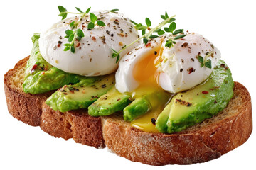 Two poached eggs atop avocado slices on toasted bread.  Fresh herbs and seasonings are sprinkled on top