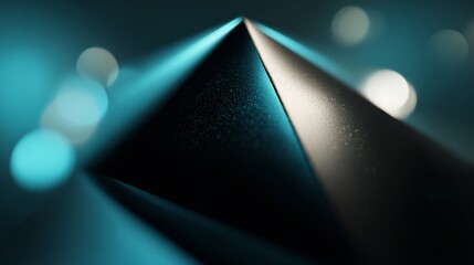 Abstract sharp pyramid, dark and light surfaces, turquoise bokeh background