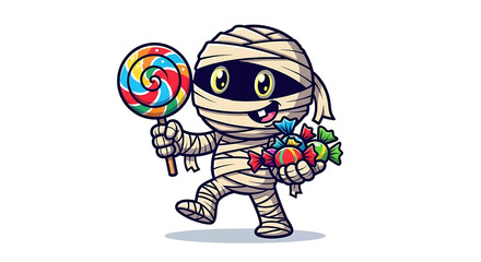 Cartoon mummy character holding a lollipop and wrapped candies on a white background illustration art