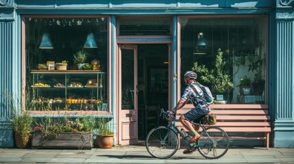 A cheerful shot of a cyclist arriving at a scenic cafe, with their bike parked outside. The image is about the social rewards of cycling.