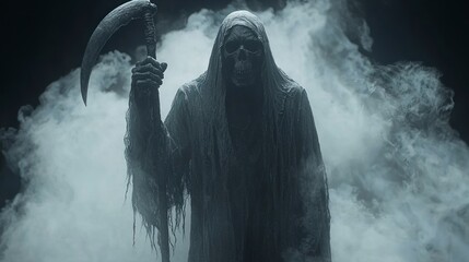 Grim reaper in shrouded fog holds up a scythe