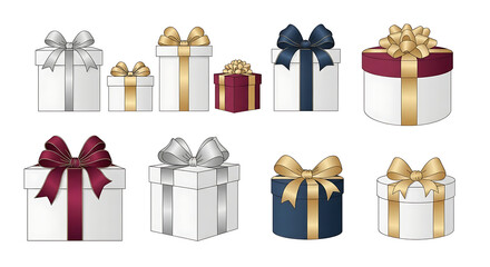 A collection of various gift boxes in different shapes and colors with ribbons and bows on a white background