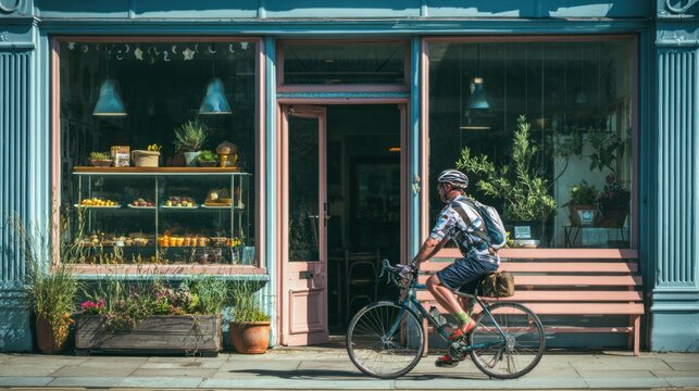 A cheerful shot of a cyclist arriving at a scenic cafe, with their bike parked outside. The image is about the social rewards of cycling.