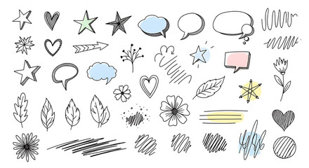 A collection of hand drawn doodle elements including stars hearts flowers and speech bubbles on white
