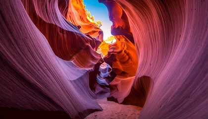 Obraz premium Vibrant colors illuminate the curves of a narrow sandstone canyon.