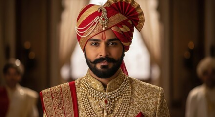 Obraz premium A groom in traditional indian attire adorned with a majestic turban and intricate gold embroidery