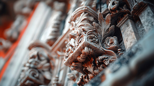 Intricate architectural details of historic building showcase ornate carvings and decorative elements, evoking sense of timeless beauty