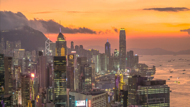 Aug 8 2025 Central Hong Kong skyline glowing at twilight