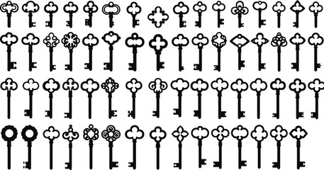 Vintage keys collection silhouette, antique key icons set, black retro style keys isolated on white, old skeleton key design, clipart