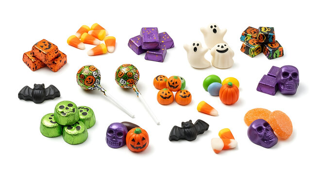 A variety of halloween candies including candy corn chocolates lollipops ghosts bats and pumpkin shapes on white