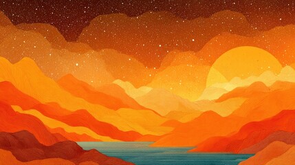 Sunrise over orange mountains, starry sky