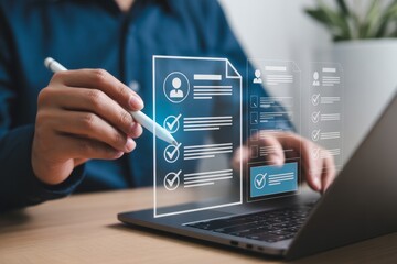 Person using stylus on laptop with checklist and document icons