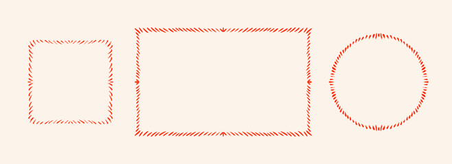 Hand drawn striped frame set. Red dashed edge border collection. Circle, rectangle and square doodled scalloped box bundle for invitation template, poster, banner. Sketched cadre pack. Vector
