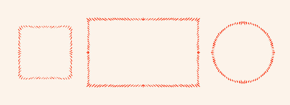 Hand drawn striped frame set. Red dashed edge border collection. Circle, rectangle and square doodled scalloped box bundle for invitation template, poster, banner. Sketched cadre pack. Vector