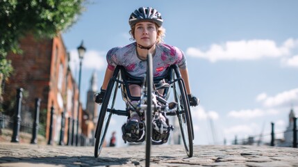 A person with a disability, using a handcycle, riding with a determined expression. The image is about strength and inclusivity.