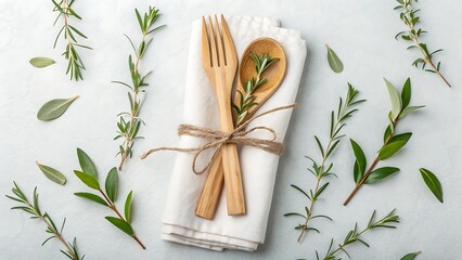 Rustic wooden cutlery tied with twine on a white napkin surrounded by fresh herbs