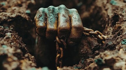 Hand rises from earth/chained/ground close-up