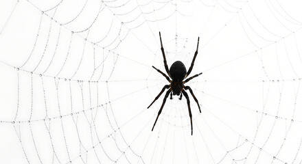 Obraz premium A close up of a spider sitting in the middle of a spider web with water droplets on the web strands