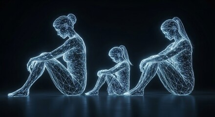 Three figures sit in contemplation, rendered in glowing wireframe