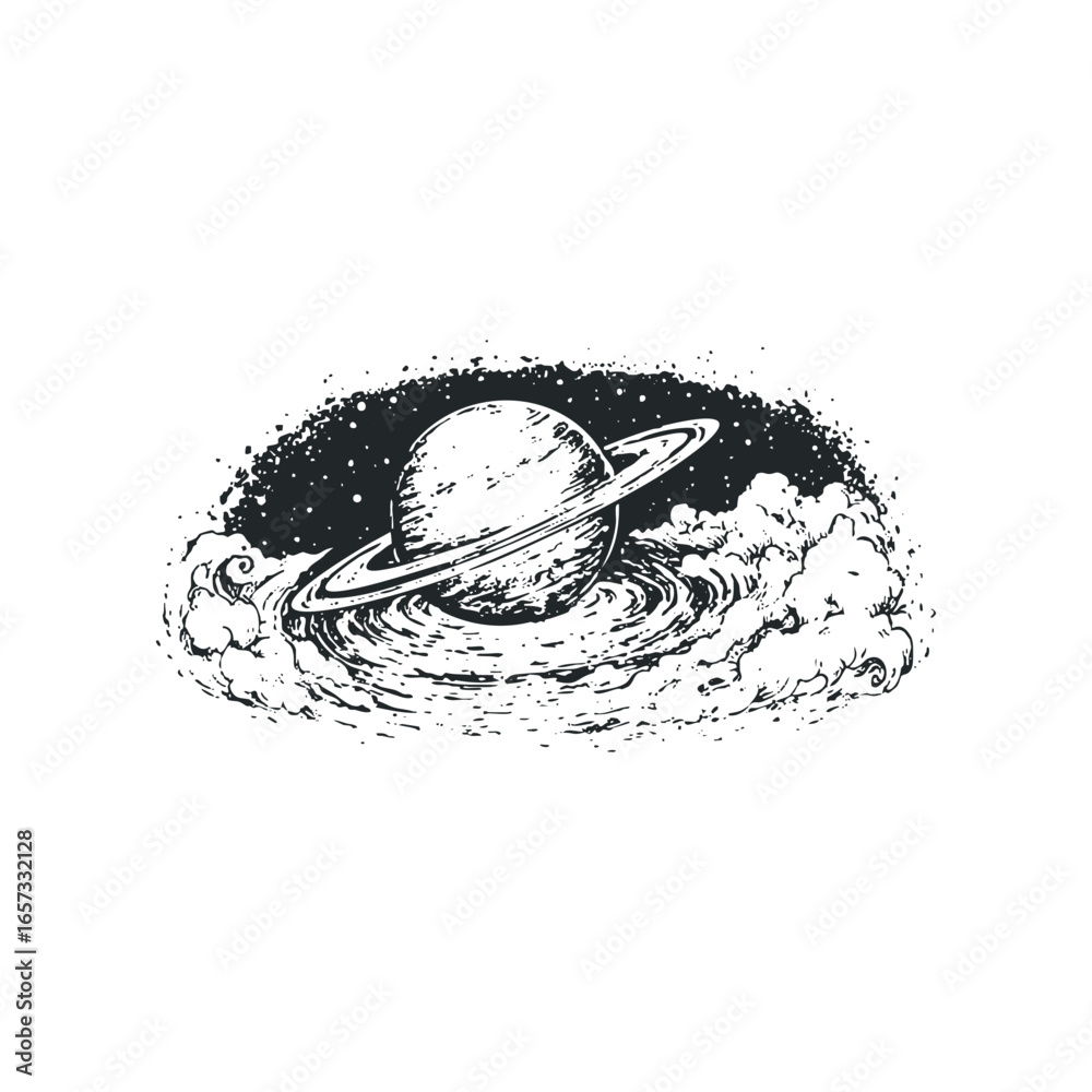 Wall mural grayscale drawing of a ringed planet surrounded by swirling nebulae and cosmic dust