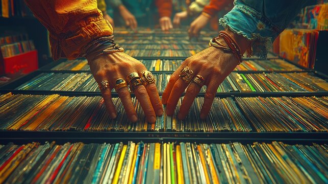 Hands browsing through vinyl records at shop - Powered by Adobe