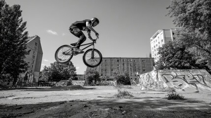 A cyclist on a BMX bike, doing a small jump or trick in an urban skate park. The image is full of energy and skill.