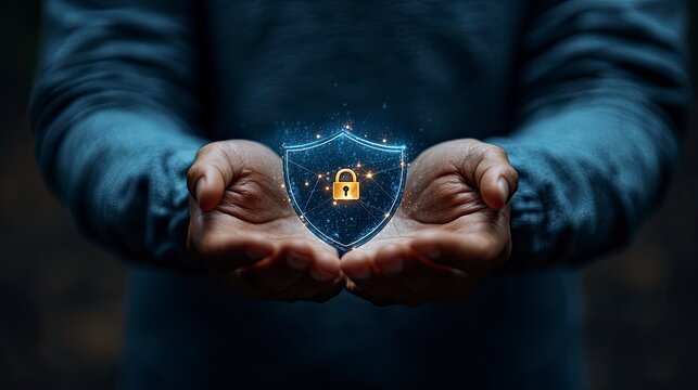 Hands holding a digital security shield with glowing padlock